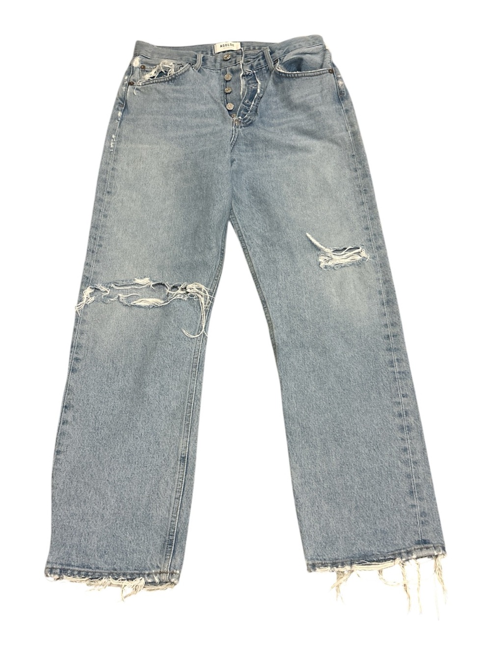 Agolde Light Blue 90s Denim High Rise Jeans with Button Fly and tan stitching
